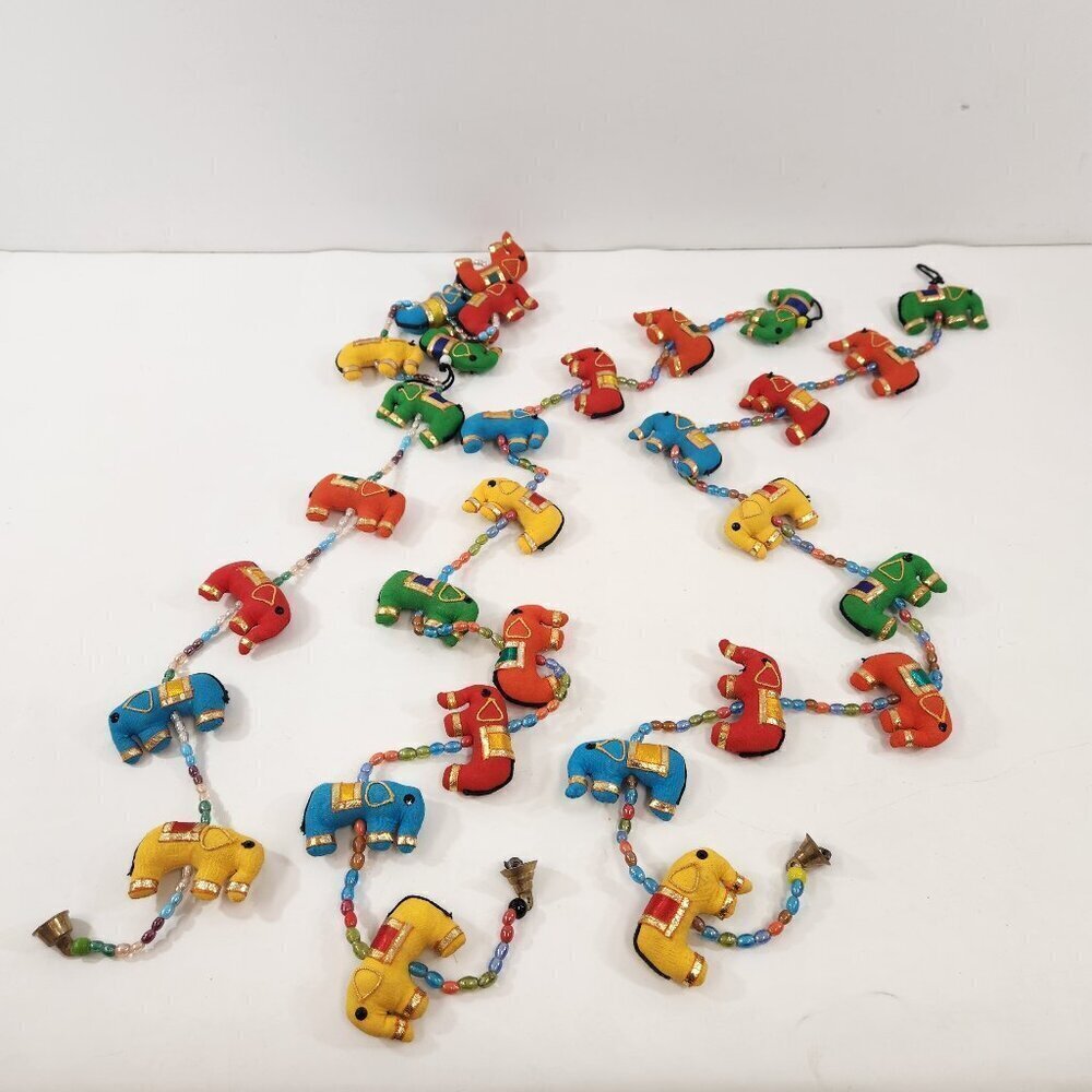 Fabric Elephant Garland Lot of 3 Bells Colorful Bright Chimes Indian Decoration